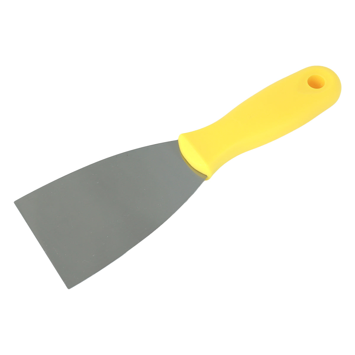 Espátula 6 cm Multiuso Tradestar para pintura, gesso e drywall com lâmina de aço e cabo amarelo ergonômico. Ferramenta ideal para aplicação e acabamento em projetos de construção e artesanato.