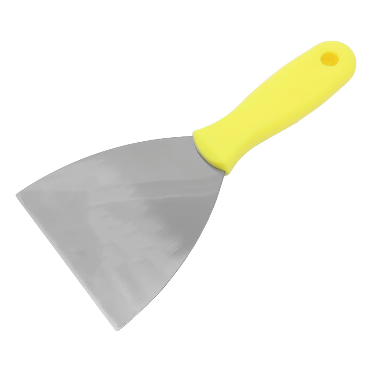 Espátula 10cm Multiuso Tradestar para Pintor, Gesso e Drywall com cabo amarelo ergonômico. Ferramenta ideal para aplicação e nivelamento de massas, colas e acabamentos em projetos de construção e artesanato.