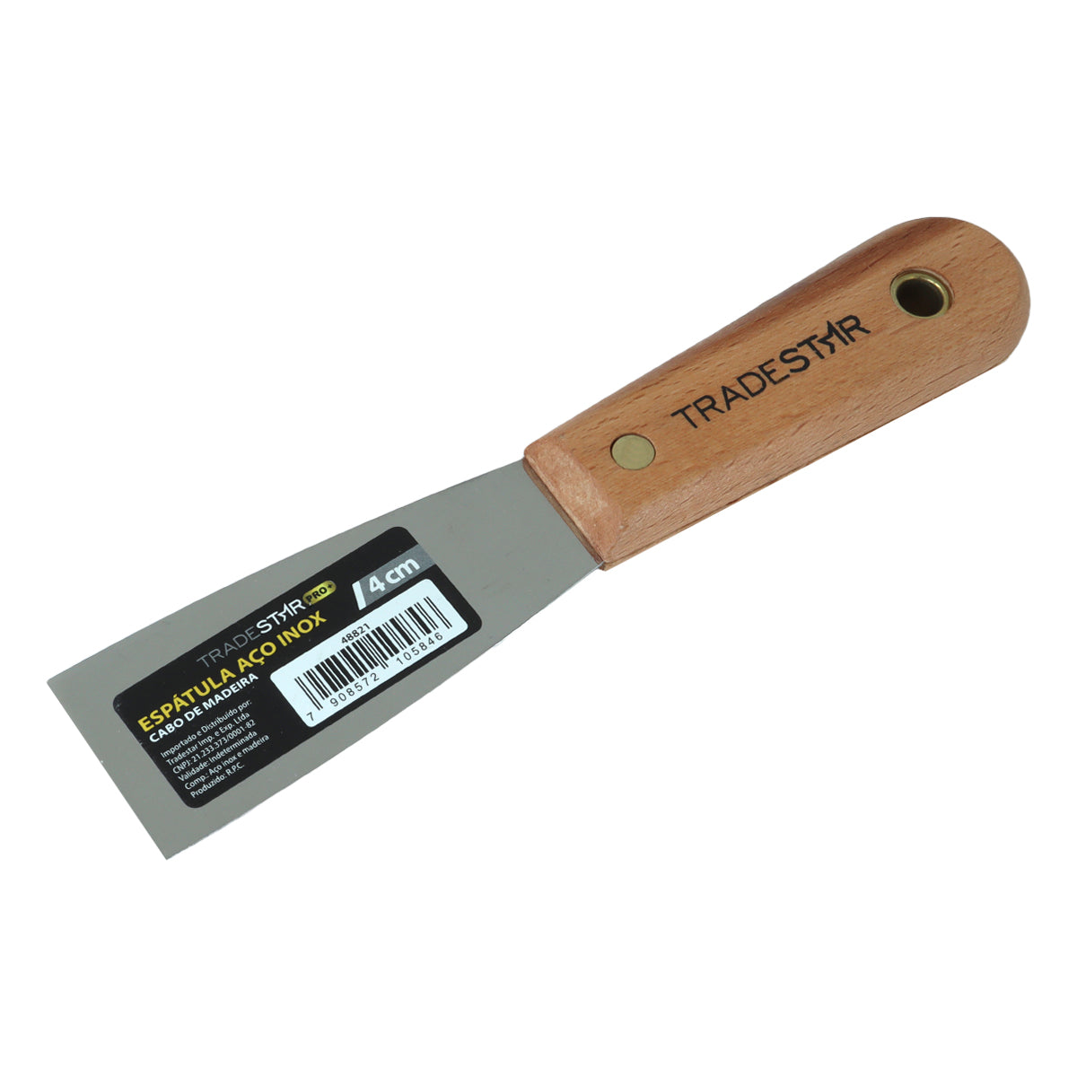 Espátula Tradestar 4 cm de aço inox com cabo de madeira, ideal para pintura, gesso, drywall e diversas aplicações multiuso. Ferramenta profissional para acabamentos precisos e trabalhos de restauração.