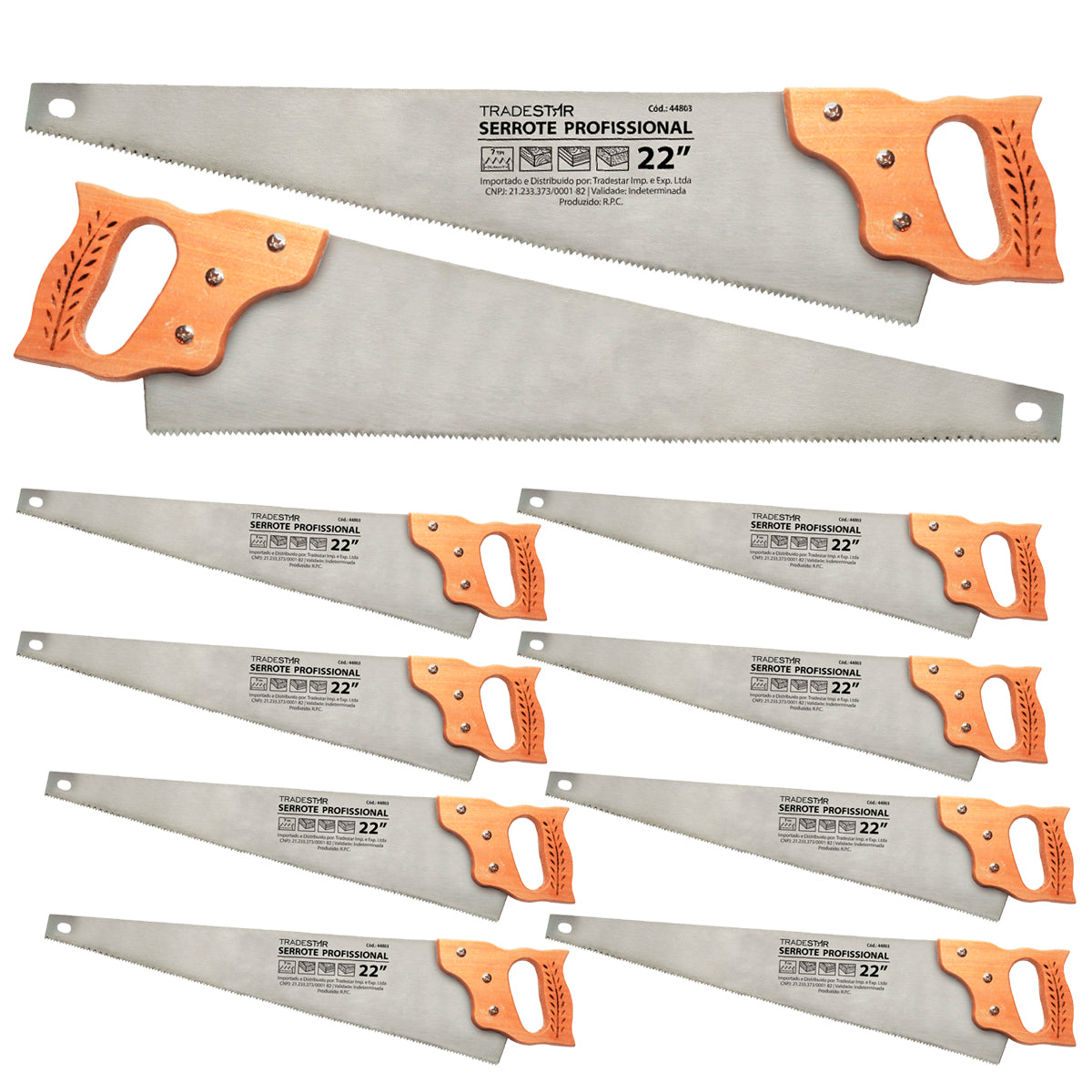 Kit com 10 serrotes profissionais Tradestar de 22 polegadas com cabo de madeira resistente. Ferramenta ideal para corte de madeira em projetos de carpintaria e marcenaria. Lâmina afiada e durável para cortes precisos.