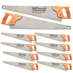 Kit com 10 serrotes profissionais Tradestar de 22 polegadas com cabo de madeira resistente. Ferramenta ideal para corte de madeira em projetos de carpintaria e marcenaria. Lâmina afiada e durável para cortes precisos.