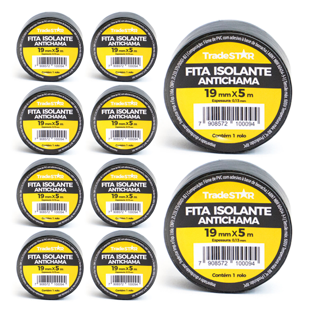 Kit com 10 rolos de fita isolante antichama preta Tradestar, 19mm x 5m, ideal para isolamento elétrico, proteção de fios e cabos, e diversas aplicações em projetos elétricos e DIY. Fita de PVC de alta resistência, com isolamento de até 600V e resistência térmica de até 80°C.
