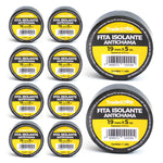 Kit com 10 rolos de fita isolante antichama preta Tradestar, 19mm x 5m, ideal para isolamento elétrico, proteção de fios e cabos, e diversas aplicações em projetos elétricos e DIY. Fita de PVC de alta resistência, com isolamento de até 600V e resistência térmica de até 80°C.