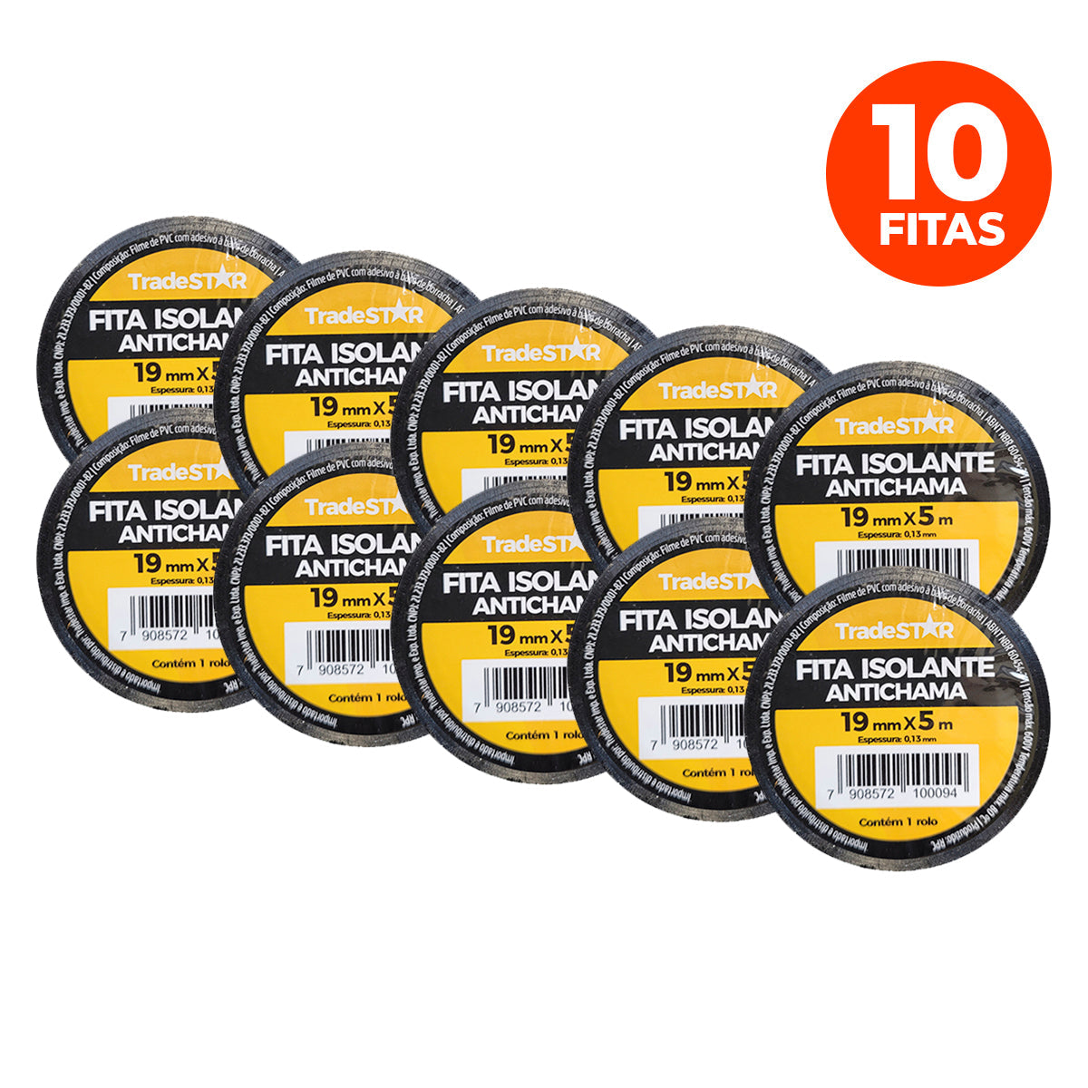 Kit com 10 rolos de fita isolante preta Tradestar, antichama, 19mm x 5m, ideal para isolamento elétrico, proteção de fios e cabos, e organização. Fita de PVC de alta resistência, com isolamento de até 600V e resistência térmica de até 80°C. Perfeita para uso em projetos elétricos e DIY.