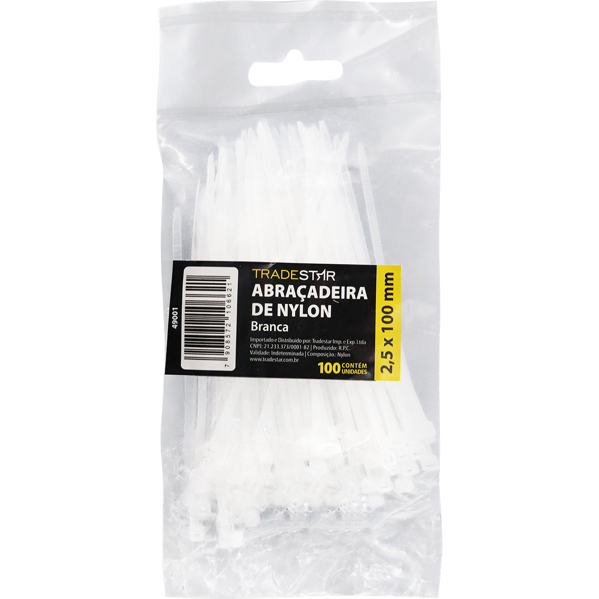 Abraçadeira de nylon preta Tradestar 2,5x100mm, pacote com 100 unidades, ideal para organizar e fixar cabos e fios em eletrônica, construção civil, jardinagem e automotivo. Solução prática e segura para organização.