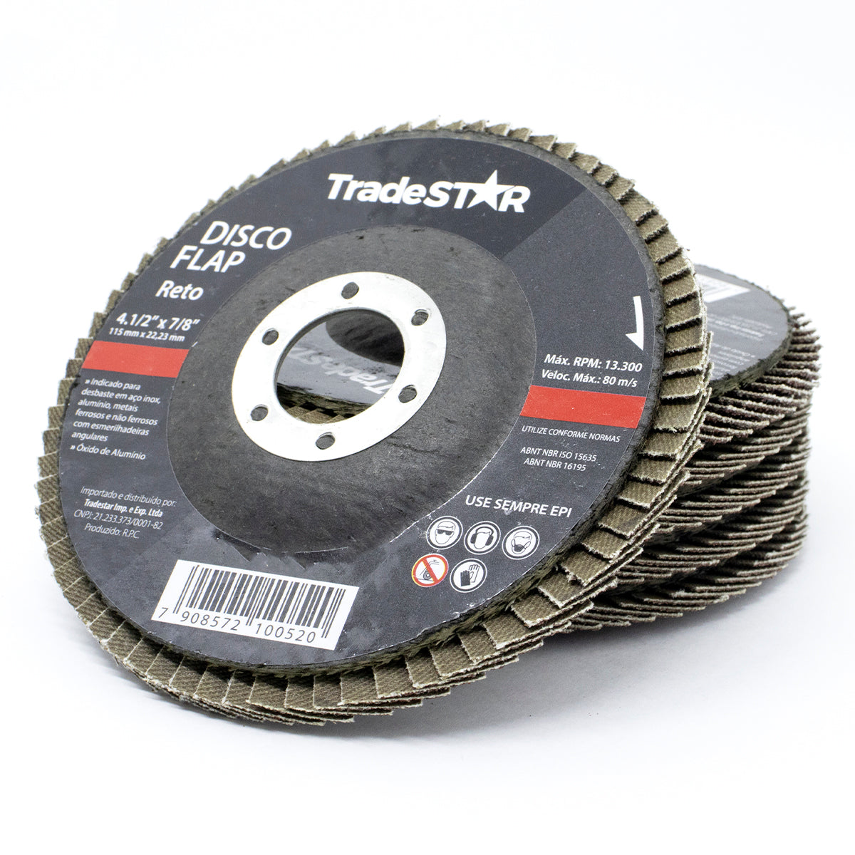 Kit com 10 discos flap reto para porcelanato e piso G40 4.1/2 115mm TradeSTAR. Discos de lixa flap de óxido de alumínio, ideais para desbaste em aço inox, alumínio e metais ferrosos. Perfeitos para uso em esmerilhadeiras angulares, oferecendo alta durabilidade e desempenho. Ideal para lixamento, polimento e preparação de superfícies. Produto original, com garantia e envio imediato.