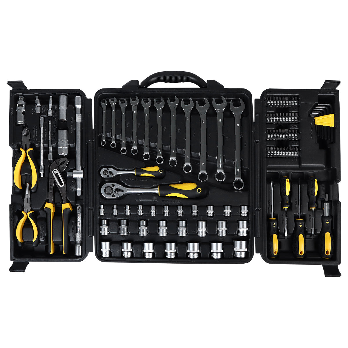 Caixa de Ferramentas 110 Peças Tradestar em Cromo Vanádio com maleta preta aberta, mostrando diversas ferramentas como chaves combinadas, soquetes, alicates e bits, ideal para uso profissional e doméstico. Jogo completo para manutenção e reparos.