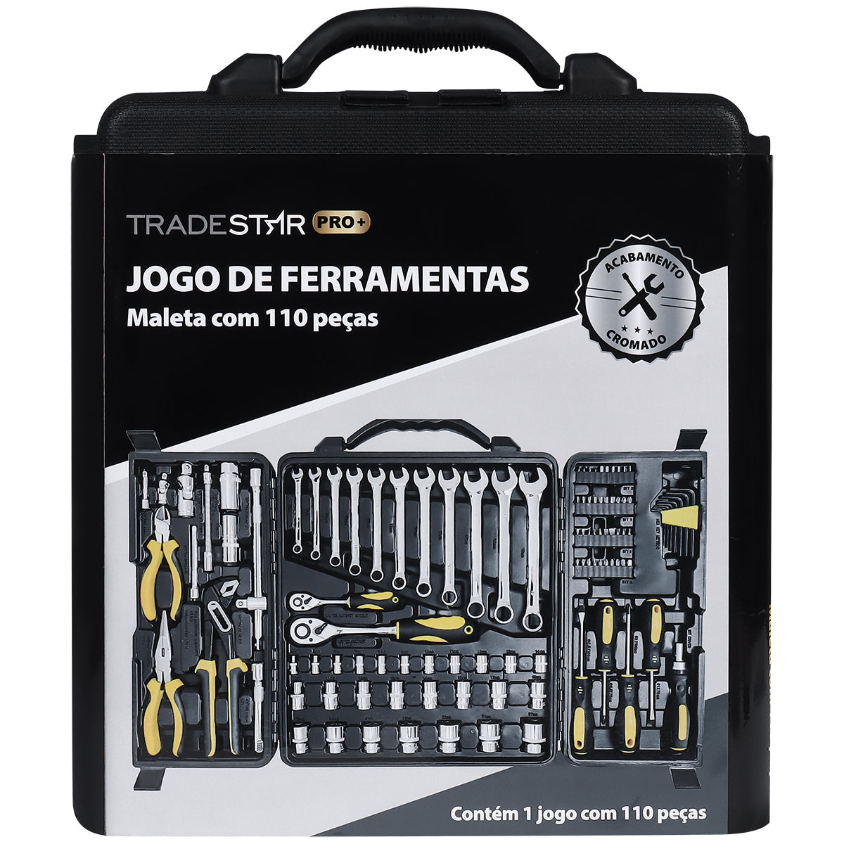Caixa de Ferramentas 110 Pçs Cromo Vanádio Tradestar - Maleta completa com ferramentas CRV, ideal para mecânicos e uso doméstico. Inclui soquetes, chaves, alicates e bits, com acabamento cromado e 110 peças.