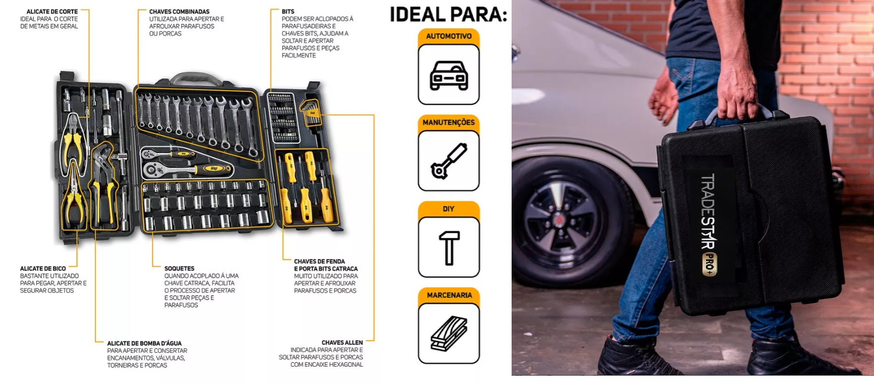 Caixa de Ferramentas 110 Peças Cromo Vanádio Tradestar Pro+ ideal para automotivo, manutenções, DIY e marcenaria. Conjunto completo com chaves, soquetes, alicates e bits, ideal para profissionais e uso doméstico. Maleta compacta e resistente, perfeita para reparos e manutenção geral.