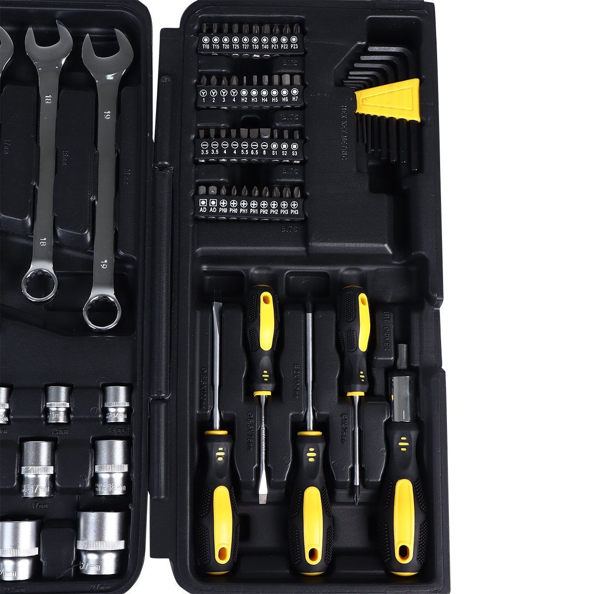Caixa de Ferramentas 110 Pçs Cromo Vanádio Tradestar aberta, mostrando diversas ferramentas como chaves combinadas, soquetes, chaves allen, bits e chaves de fenda, organizadas em maleta preta com detalhes em amarelo. Ideal para mecânicos, manutenção e uso doméstico.
