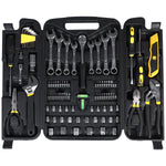 Jogo Kit Caixa de Ferramentas C/ 95 Pçs Pro Tradestar aberto, mostrando diversas ferramentas organizadas, incluindo chaves, soquetes, bits, alicates e chaves de fenda, ideal para uso profissional e doméstico. Kit completo em aço cromo vanádio (CRV) para reparos e manutenções.