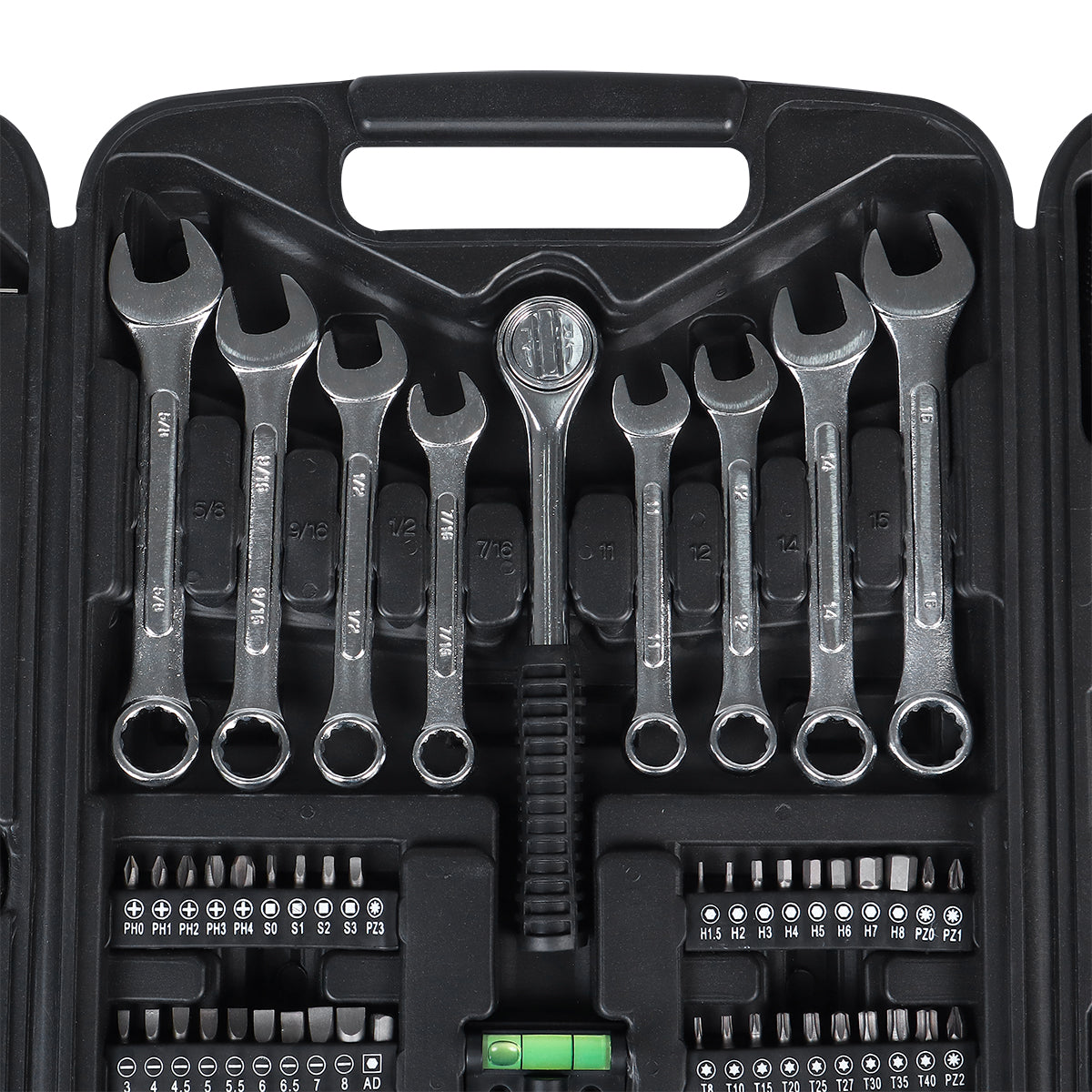 Jogo Kit Caixa de Ferramentas Pro Tradestar com 95 peças, exibindo chaves combinadas, soquetes, bits e outros acessórios organizados em uma maleta preta. Ideal para uso profissional e doméstico, com ferramentas de aço cromo vanádio (CRV) para reparos e manutenções.