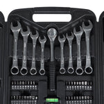 Jogo Kit Caixa de Ferramentas Pro Tradestar com 95 peças, exibindo chaves combinadas, soquetes, bits e outros acessórios organizados em uma maleta preta. Ideal para uso profissional e doméstico, com ferramentas de aço cromo vanádio (CRV) para reparos e manutenções.