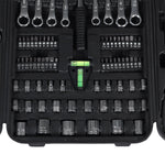Jogo Kit Caixa De Ferramentas C/ 95 Pçs Pro Tradestar aberto, mostrando diversas ferramentas organizadas em compartimentos. Inclui chaves de boca, soquetes, bits e outros acessórios, ideal para uso profissional e doméstico. Fabricado em aço cromo vanádio (CRV) para durabilidade e resistência.
