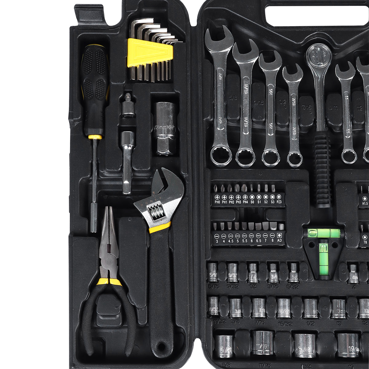 Jogo Kit Caixa De Ferramentas C/ 95 Pçs Pro Tradestar aberto, mostrando diversas ferramentas organizadas, incluindo chaves de fenda, chaves de boca, soquetes, alicates e chaves allen, ideal para uso profissional e doméstico. Kit de ferramentas em aço cromo vanádio (CRV) para reparos e manutenções.