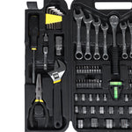 Jogo Kit Caixa De Ferramentas C/ 95 Pçs Pro Tradestar aberto, mostrando diversas ferramentas organizadas, incluindo chaves de fenda, chaves de boca, soquetes, alicates e chaves allen, ideal para uso profissional e doméstico. Kit de ferramentas em aço cromo vanádio (CRV) para reparos e manutenções.
