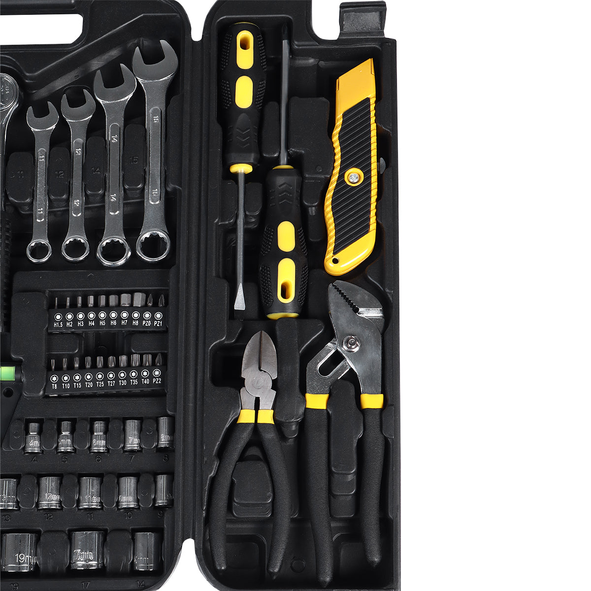 Jogo Kit Caixa De Ferramentas C/ 95 Pçs Pro Tradestar aberto, mostrando diversas ferramentas organizadas, incluindo chaves de boca, soquetes, chaves de fenda, alicates e estilete. Ideal para uso profissional e doméstico, fabricado em aço cromo vanádio (CRV).