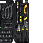 Jogo Kit Caixa De Ferramentas C/ 95 Pçs Pro Tradestar aberto, mostrando diversas ferramentas organizadas, incluindo chaves de boca, soquetes, chaves de fenda, alicates e estilete. Ideal para uso profissional e doméstico, fabricado em aço cromo vanádio (CRV).