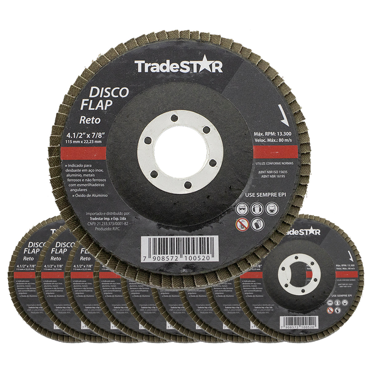 Kit com 10 discos flap reto para porcelanato e piso G80 4.1/2 115mm, ideal para desbaste em aço inox, alumínio e metais. Lixas flap TradeSTAR de alta performance e durabilidade, para uso em esmerilhadeiras angulares. Produto original com garantia e envio imediato.