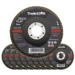 Kit com 10 discos flap reto para porcelanato e piso G80 4.1/2 115mm, ideal para desbaste em aço inox, alumínio e metais. Lixas flap TradeSTAR de alta performance e durabilidade, para uso em esmerilhadeiras angulares. Produto original com garantia e envio imediato.