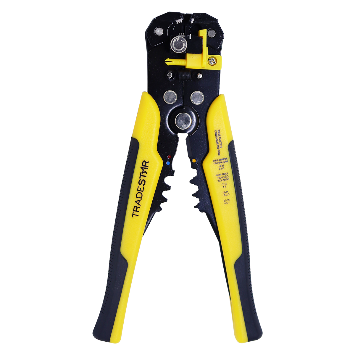 Alicate decapador eletricista 8" 203mm Tradestar, ferramenta para decapagem automática, crimpagem e corte de fios. Ideal para eletricistas e técnicos, com garras de aço, lâmina de corte em latão e cabo ergonômico. Possui especificações para terminais isolados e não isolados, além de crimpar conectores RJ11, RJ12, 8P8C, 6P6C, 6P4C, 4P4C, 4P2C.