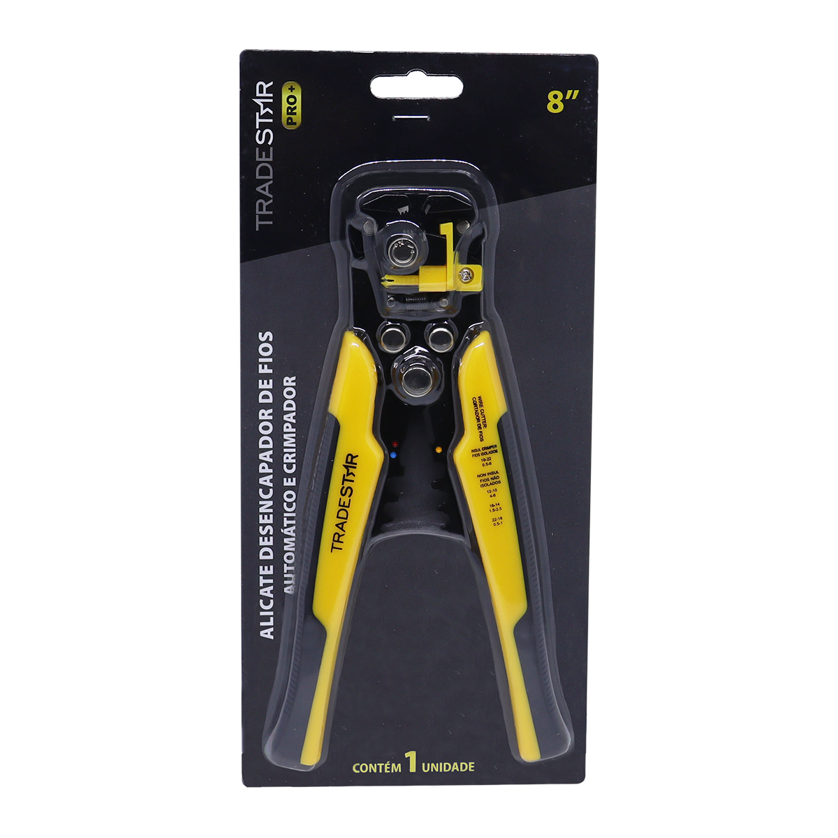Alicate Decapador Eletricista 8" 203MM Crimpador Tradestar, ferramenta automática para decapagem, crimpagem e corte de fios. Ideal para eletricistas e técnicos em eletrônica. Produto Tradestar, embalagem blister.