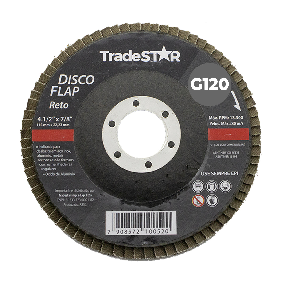 Kit com 10 discos flap reto para porcelanato e piso G120 4.1/2 115mm TradeSTAR. Ideal para desbaste em aço inox, alumínio, metais ferrosos e não ferrosos. Disco de óxido de alumínio para esmerilhadeiras angulares. Alta durabilidade e desempenho. Produto original com garantia.