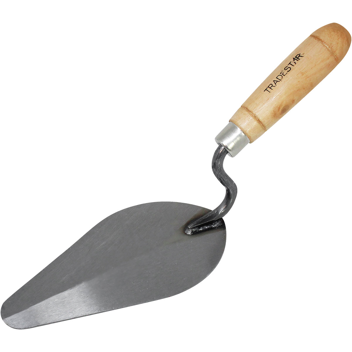 Colher de Pedreiro 7 Polegadas Canto Redondo Tradestar em aço carbono com cabo de madeira, ideal para construção civil, assentamento de tijolos, argamassa e acabamentos. Ferramenta profissional para pedreiros e construtores.