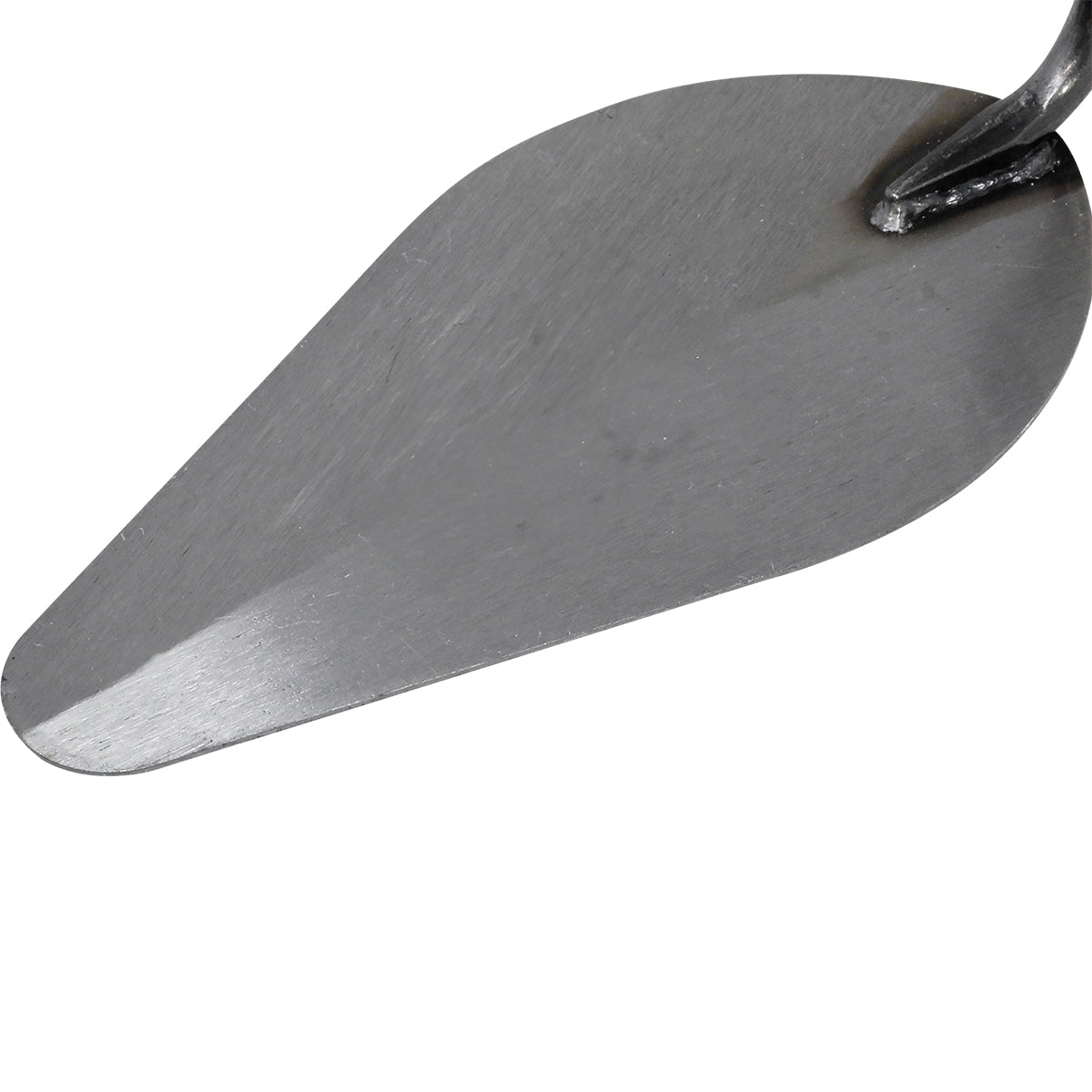 Colher de Pedreiro 7 Polegadas Canto Redondo Tradestar em aço, ideal para construção civil. Ferramenta com lâmina de aço carbono resistente, cabo de madeira anatômico e canto arredondado para acabamentos precisos em argamassa e cimento. Perfeita para pedreiros e profissionais de construção.