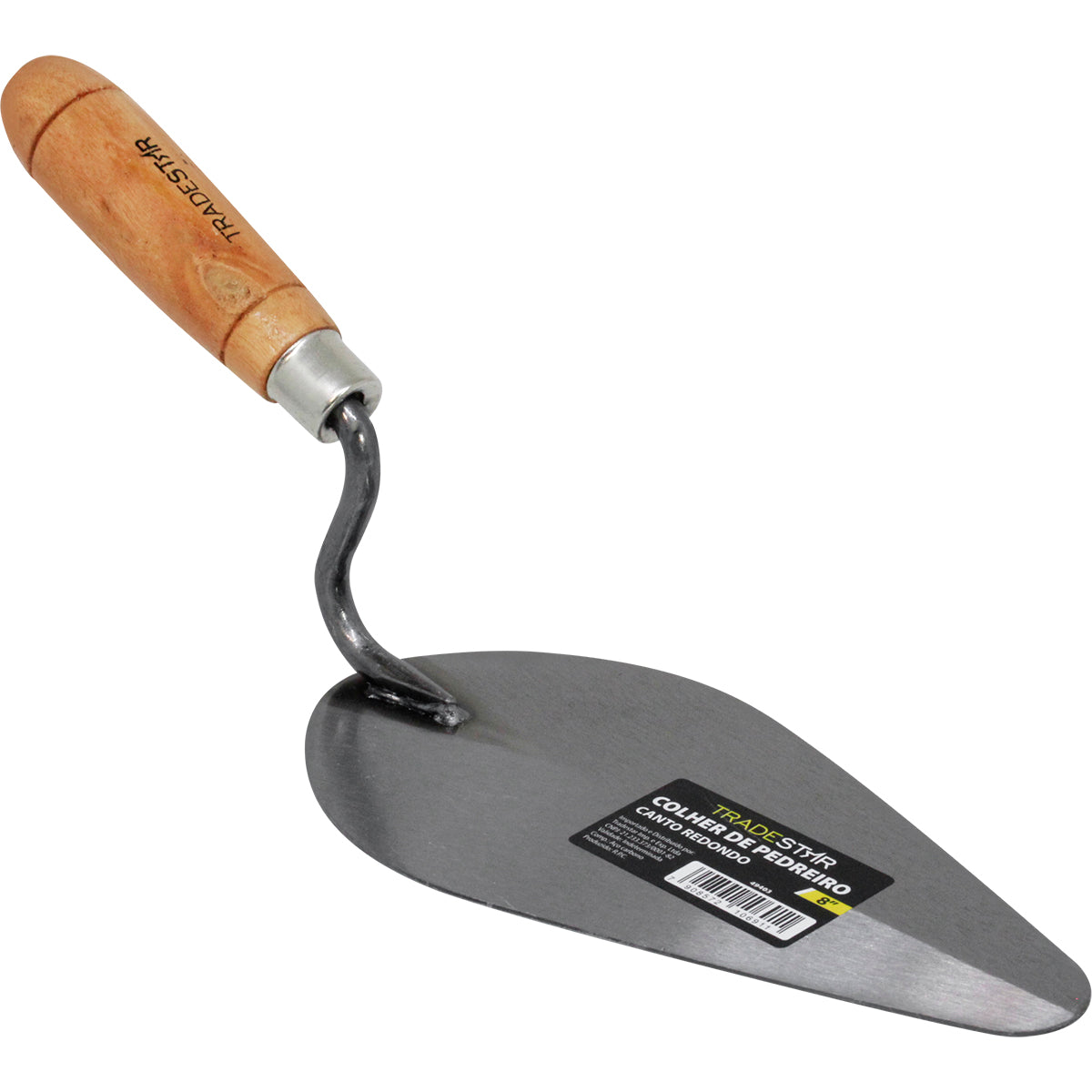 Colher de Pedreiro 8 Polegadas Canto Redondo Tradestar em aço carbono com cabo de madeira. Ferramenta ideal para construção civil, assentamento de tijolos, argamassa e acabamentos.