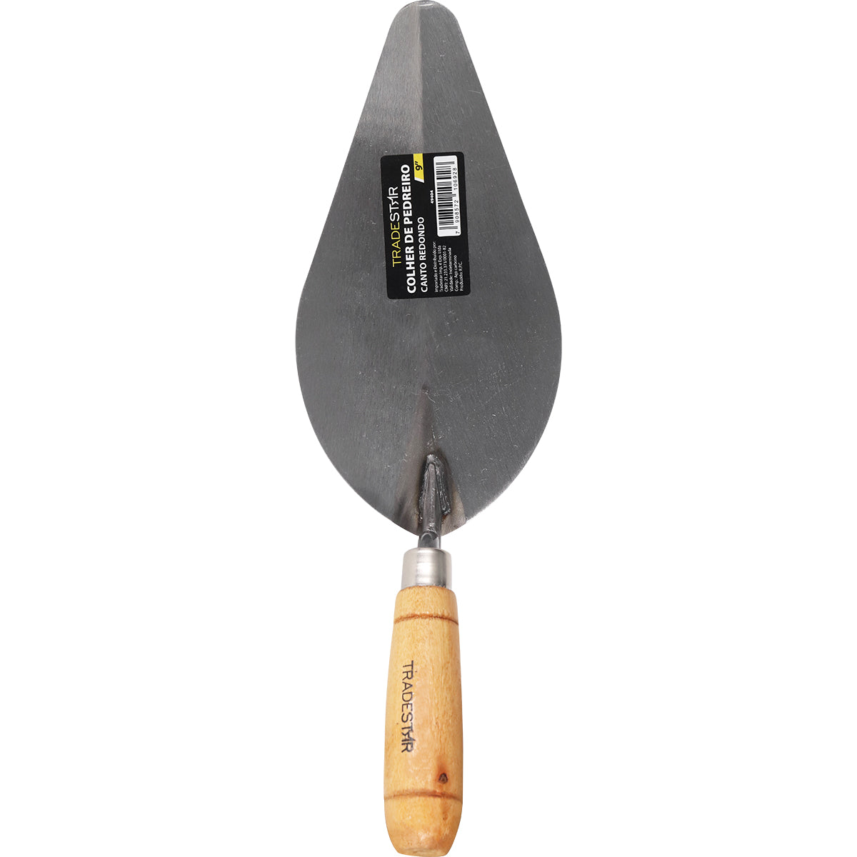 Colher de Pedreiro 9 Polegadas Canto Redondo Tradestar em aço carbono com cabo de madeira. Ferramenta ideal para construção civil, assentamento de tijolos, aplicação de argamassa e acabamentos. Possui canto redondo para acabamentos precisos e suaves.