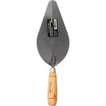 Colher de Pedreiro 9 Polegadas Canto Redondo Tradestar em aço carbono com cabo de madeira. Ferramenta ideal para construção civil, assentamento de tijolos, aplicação de argamassa e acabamentos. Possui canto redondo para acabamentos precisos e suaves.