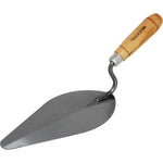 Colher de Pedreiro 9 Polegadas Canto Redondo Tradestar em aço, ideal para construção civil. Possui cabo de madeira ergonômico e lâmina de aço carbono resistente, proporcionando acabamento preciso em argamassa e cimento. Ferramenta profissional para pedreiros e construtores.