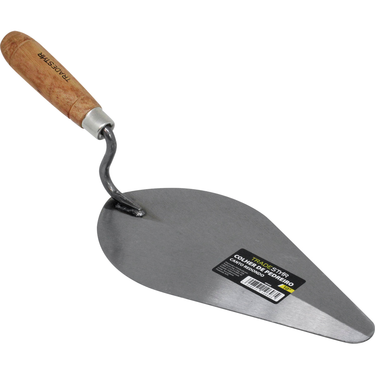 Colher de Pedreiro 10 Polegadas Canto Redondo Tradestar em aço carbono com cabo de madeira, ideal para construção civil, assentamento de tijolos, argamassa e acabamentos. Ferramenta profissional para pedreiros e construtores.