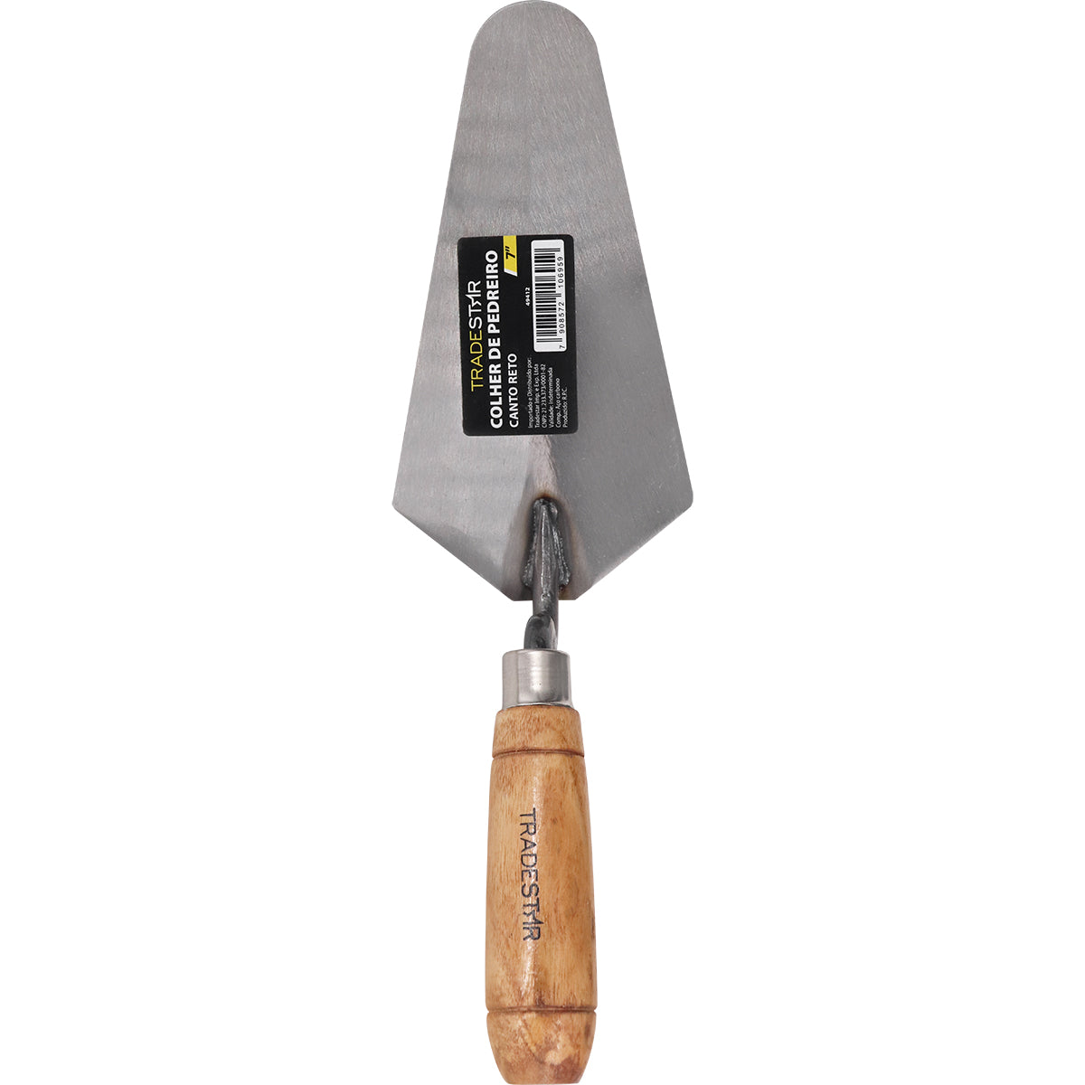 Colher de Pedreiro 7" Canto Reto Tradestar em aço carbono com cabo de madeira ergonômico, ideal para assentamento de tijolos, aplicação de argamassa e acabamentos em construções e reformas.