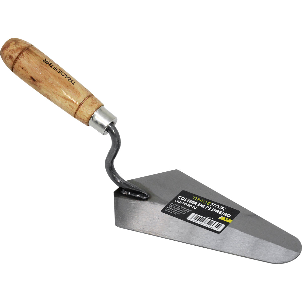 Colher de Pedreiro 7" Canto Reto Tradestar em aço carbono com cabo de madeira ergonômico. Ferramenta ideal para construção civil, assentamento de tijolos, aplicação de argamassa e reboco. Perfeita para pedreiros e reformas.