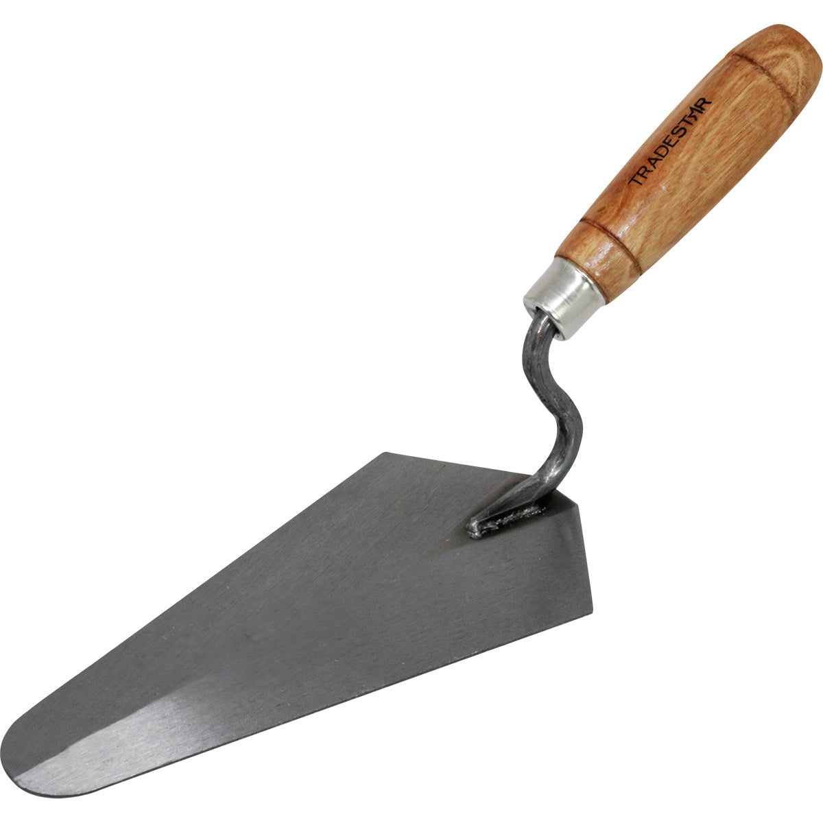 Colher de Pedreiro 8" Canto Reto Tradestar em aço carbono com cabo de madeira, ideal para construção civil, assentamento de tijolos e aplicação de argamassa. Ferramenta profissional para pedreiros e reformas.