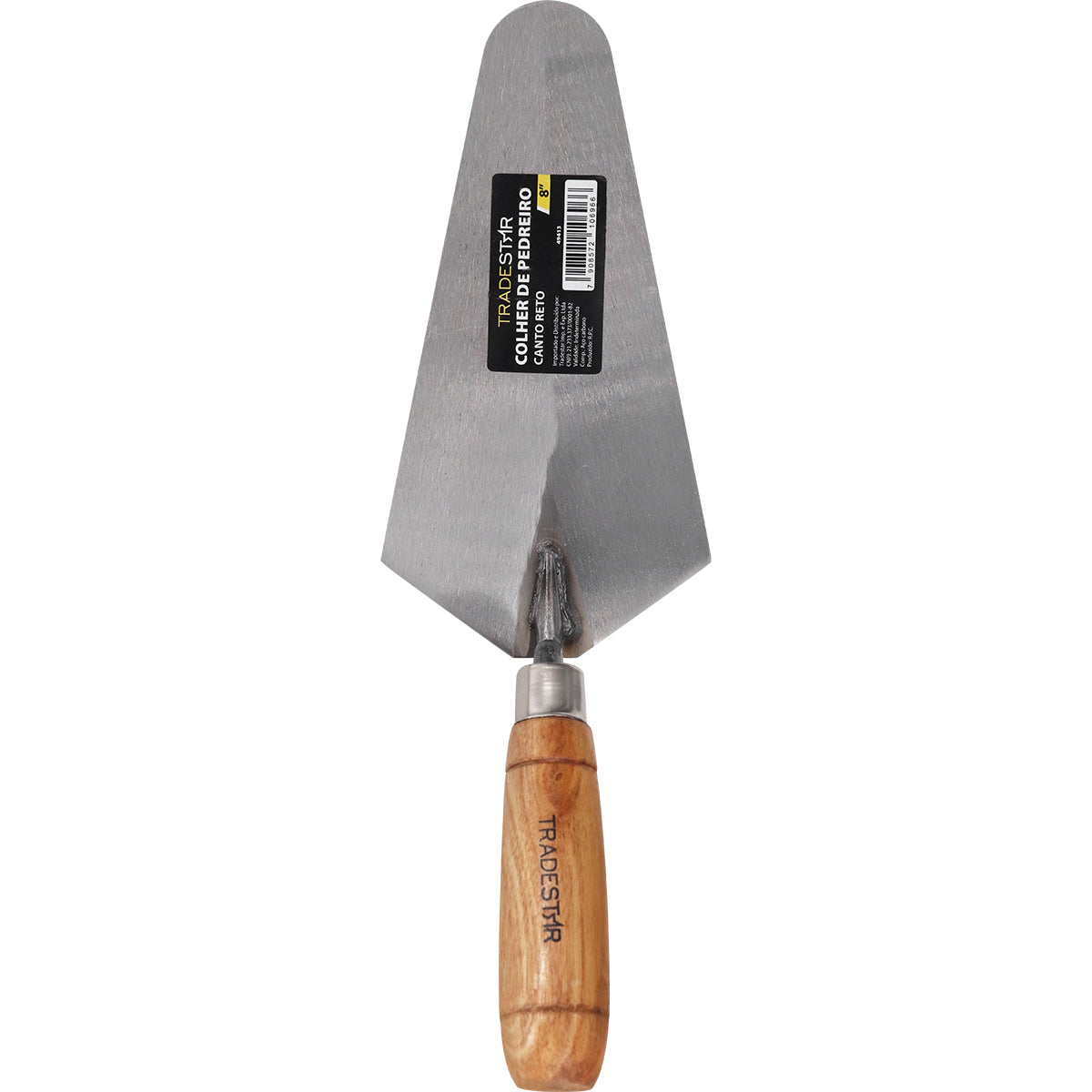 Colher de Pedreiro 8" Canto Reto Tradestar em aço carbono com cabo de madeira ergonômico, ideal para construção civil, assentamento de tijolos, aplicação de argamassa e acabamentos precisos. Ferramenta profissional para pedreiros e construtores.