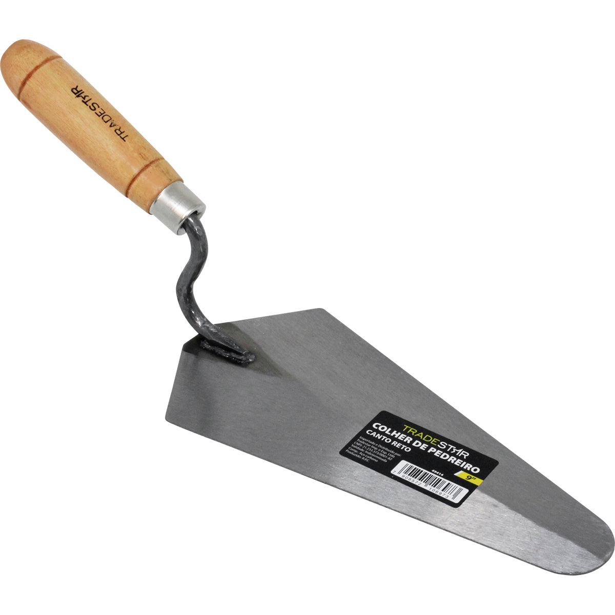 Colher de Pedreiro 9" Canto Reto Tradestar em aço carbono com cabo de madeira, ideal para construção civil, assentamento de tijolos e aplicação de argamassa. Ferramenta profissional para pedreiros e reformas.
