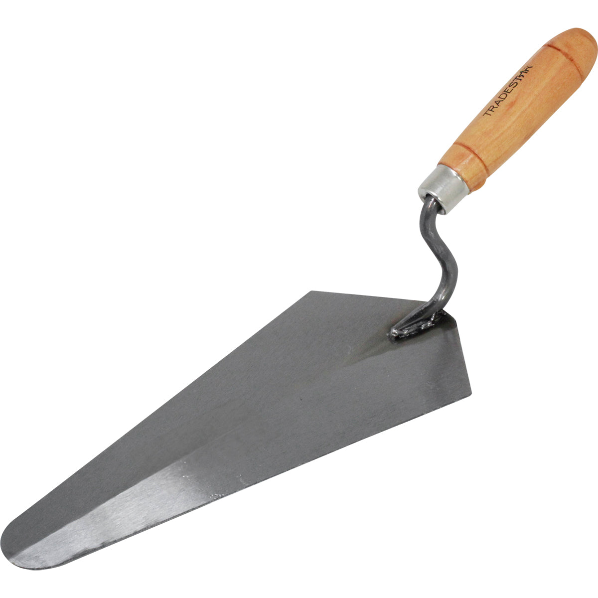 Colher de Pedreiro 10" Canto Reto Tradestar em aço carbono com cabo de madeira ergonômico. Ferramenta para construção civil, ideal para assentamento de tijolos, aplicação de argamassa e acabamentos precisos. Perfeita para pedreiros e reformas.