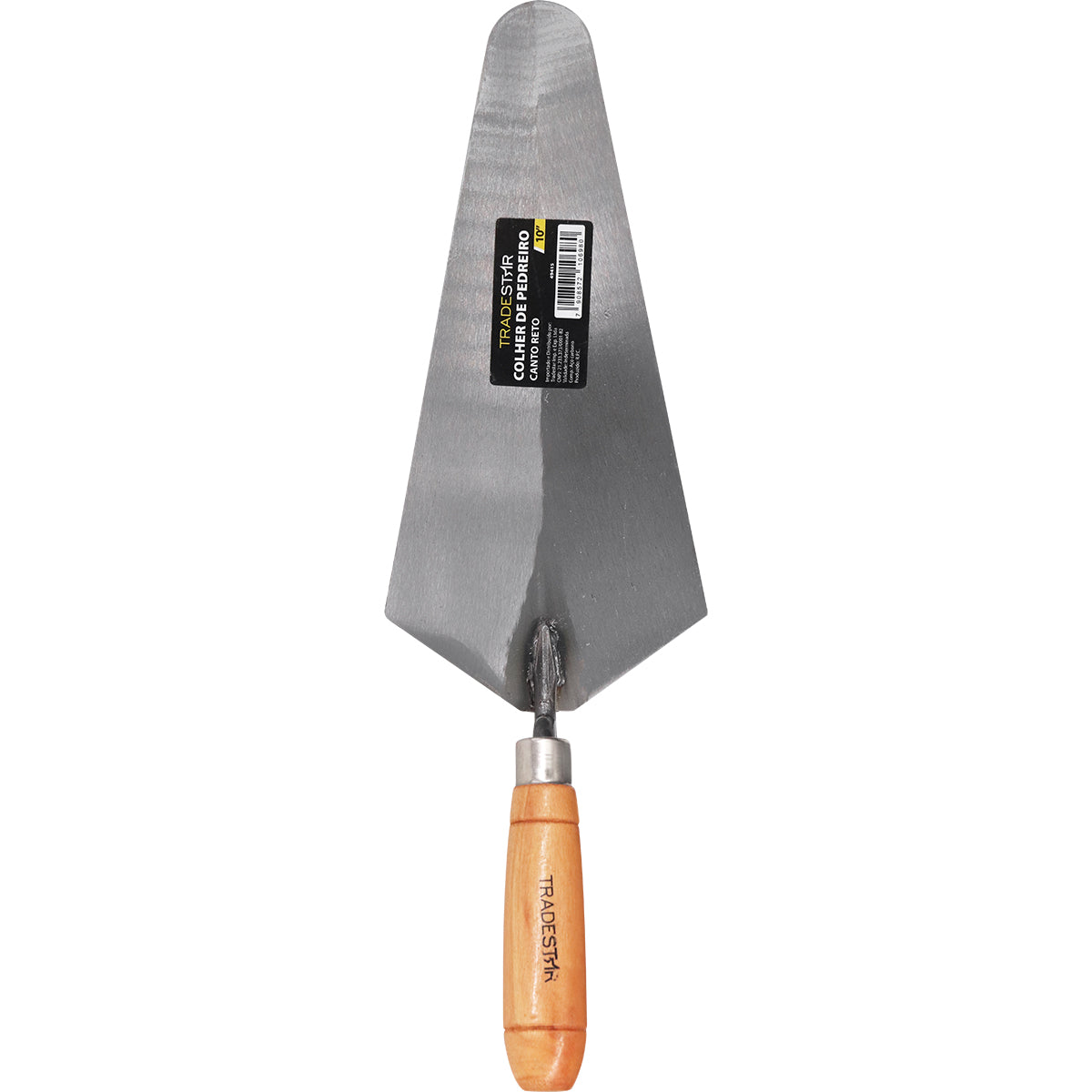 Colher de Pedreiro 10" Canto Reto Tradestar - Ferramenta de aço carbono para construção civil, ideal para assentamento de tijolos, aplicação de argamassa e reboco. Cabo de madeira ergonômico para conforto e precisão em obras e reformas.
