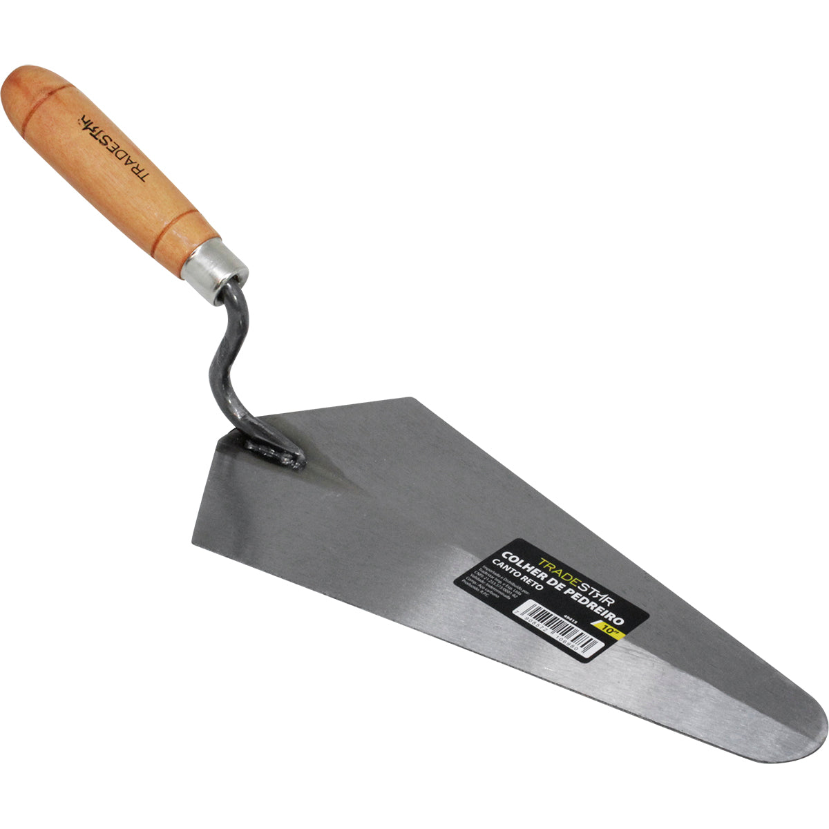 Colher de Pedreiro 10" Canto Reto Tradestar em aço carbono com cabo de madeira, ideal para construção civil, assentamento de tijolos, argamassa e reboco. Ferramenta profissional para pedreiros e reformas.