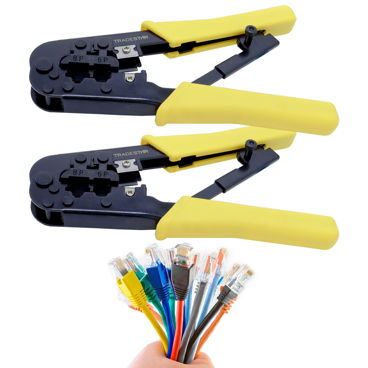 Kit 2 alicates crimpar RJ45 RJ11 para crimpagem de cabos de rede. Ferramenta profissional com design ergonômico, compatível com conectores RJ45 e RJ11, ideal para técnicos e instaladores.