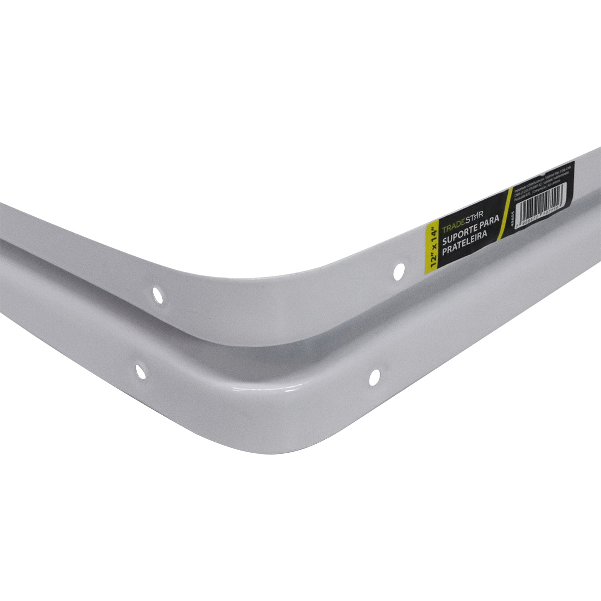Suporte para prateleira cantoneira Tradestar 12x14 polegadas branco, em formato de L, ideal para fixação em paredes de alvenaria ou madeira. Aço resistente com pintura eletrostática, perfeito para organizar e decorar salas, cozinhas, escritórios e lojas. Suporta livros, utensílios e objetos decorativos.