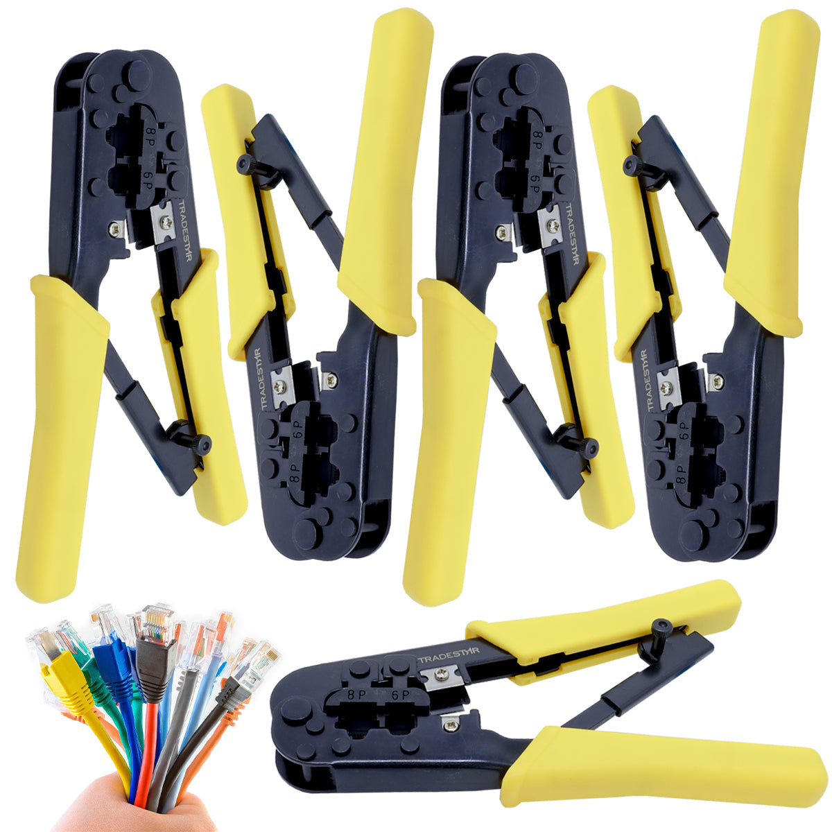 Kit 5 alicates crimpar RJ45 RJ11 para crimpagem de cabos de rede. Ferramenta profissional com design ergonômico, lâminas de corte e decapagem, ideal para técnicos e instaladores.