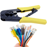 Kit alicate crimpar RJ45 RJ11 profissional com conectores de rede coloridos. Ferramenta para crimpagem de cabos de rede, ideal para técnicos e instaladores.