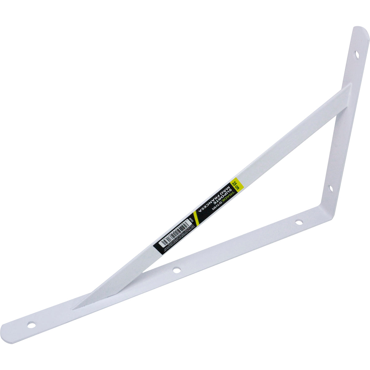 Suporte Braço Parede Mão Francesa Branca 25x16mm Tradestar - Cantoneira em aço branco para prateleiras, ideal para organização e decoração de ambientes. Suporte em formato de 'L' com pintura eletrostática, fixação em parede.
