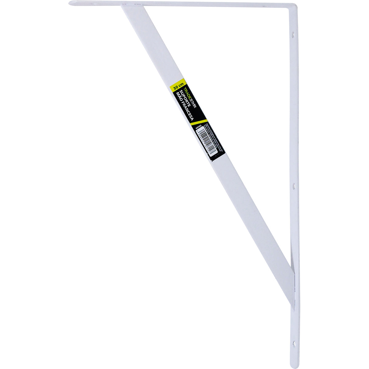 Suporte Braço Parede Mão Francesa Branca 30x19mm Tradestar - Suporte em aço branco para prateleiras, ideal para organização e decoração de ambientes internos. Resistente e durável, perfeito para salas, quartos, cozinhas e escritórios.
