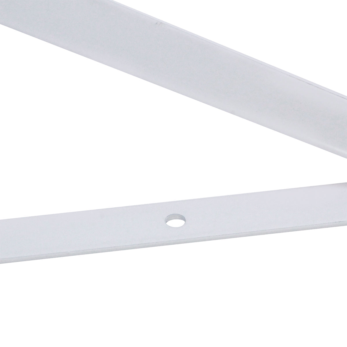 Suporte Braço Parede Mão Francesa Branca Tradestar 30x19mm - Detalhe em close do suporte em aço branco, ideal para fixação de prateleiras e estantes, mostrando o formato em 'L' e o furo para fixação na parede. Perfeito para organização e decoração de ambientes internos, como salas, quartos, cozinhas e escritórios.