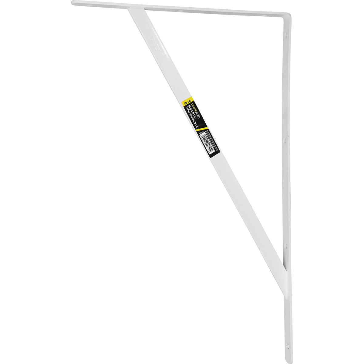 Suporte Braço Parede Mão Francesa Branca 40x25mm Tradestar, cantoneira em aço para prateleiras, ideal para organização e decoração de ambientes domésticos e comerciais. Suporte em formato 'L' com pintura eletrostática branca, resistente e elegante.